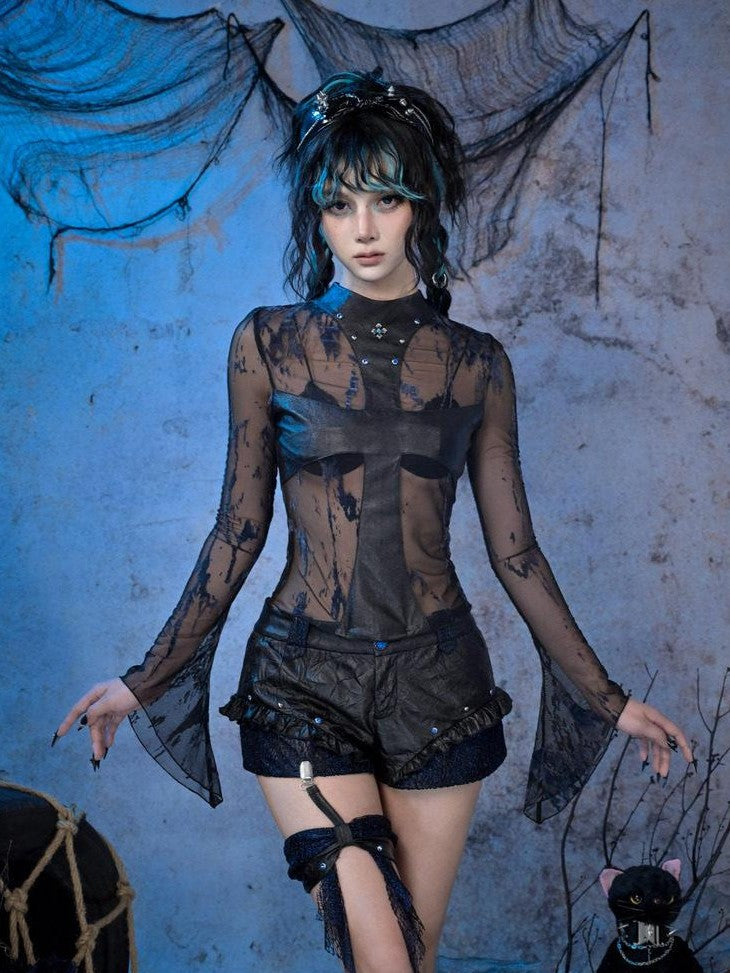 Virtual Orbit Sheer Mesh Studded Cross Punk Women&