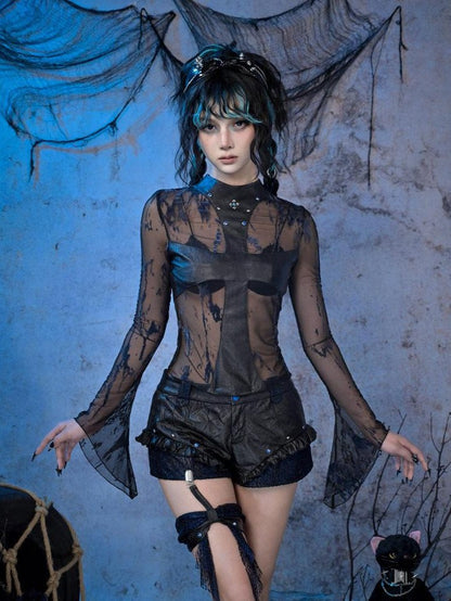 Virtual Orbit Sheer Mesh Studded Cross Punk Women&