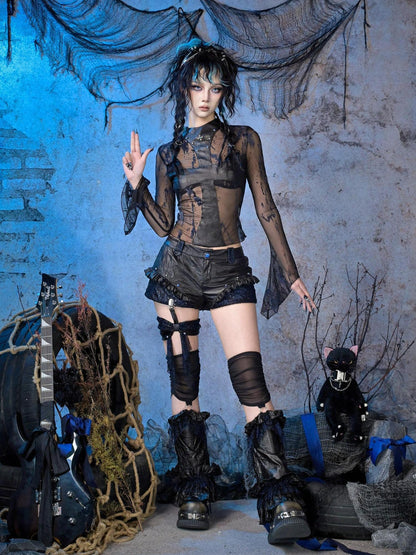 Virtual Orbit Sheer Mesh Studded Cross Punk Women&