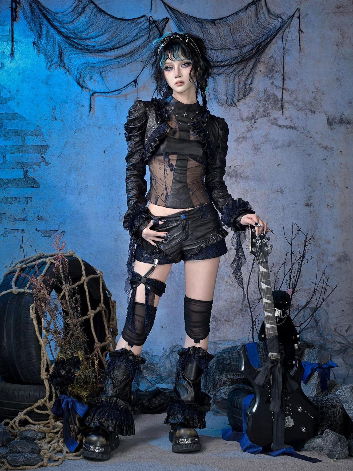 Virtual Orbit Sheer Mesh Studded Cross Punk Women&