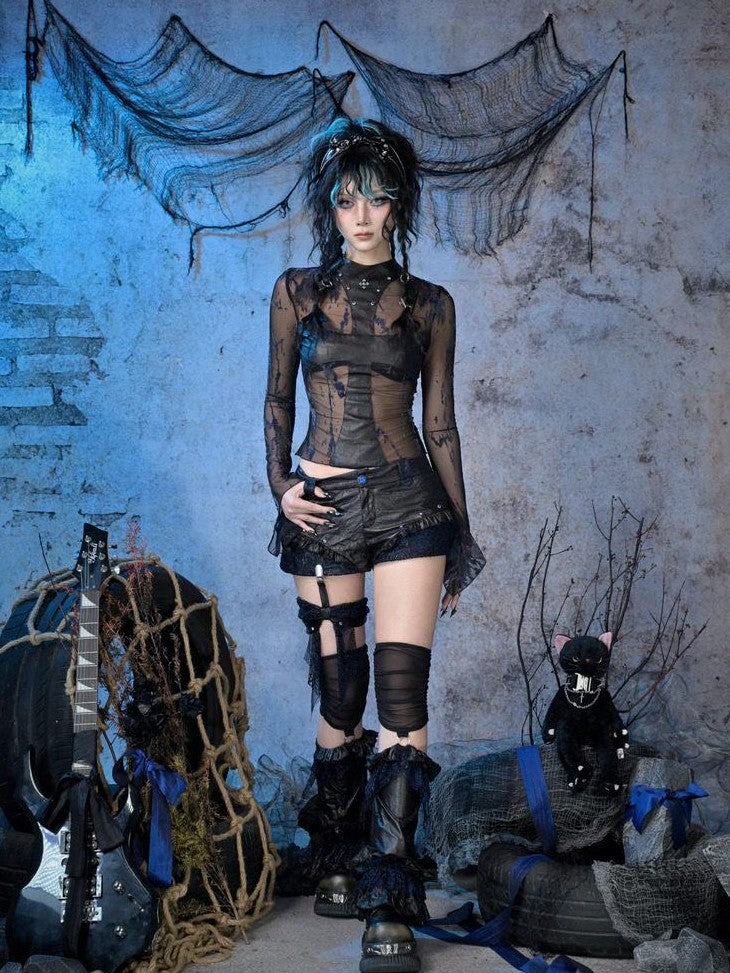 Virtual Orbit Sheer Mesh Studded Cross Punk Women&