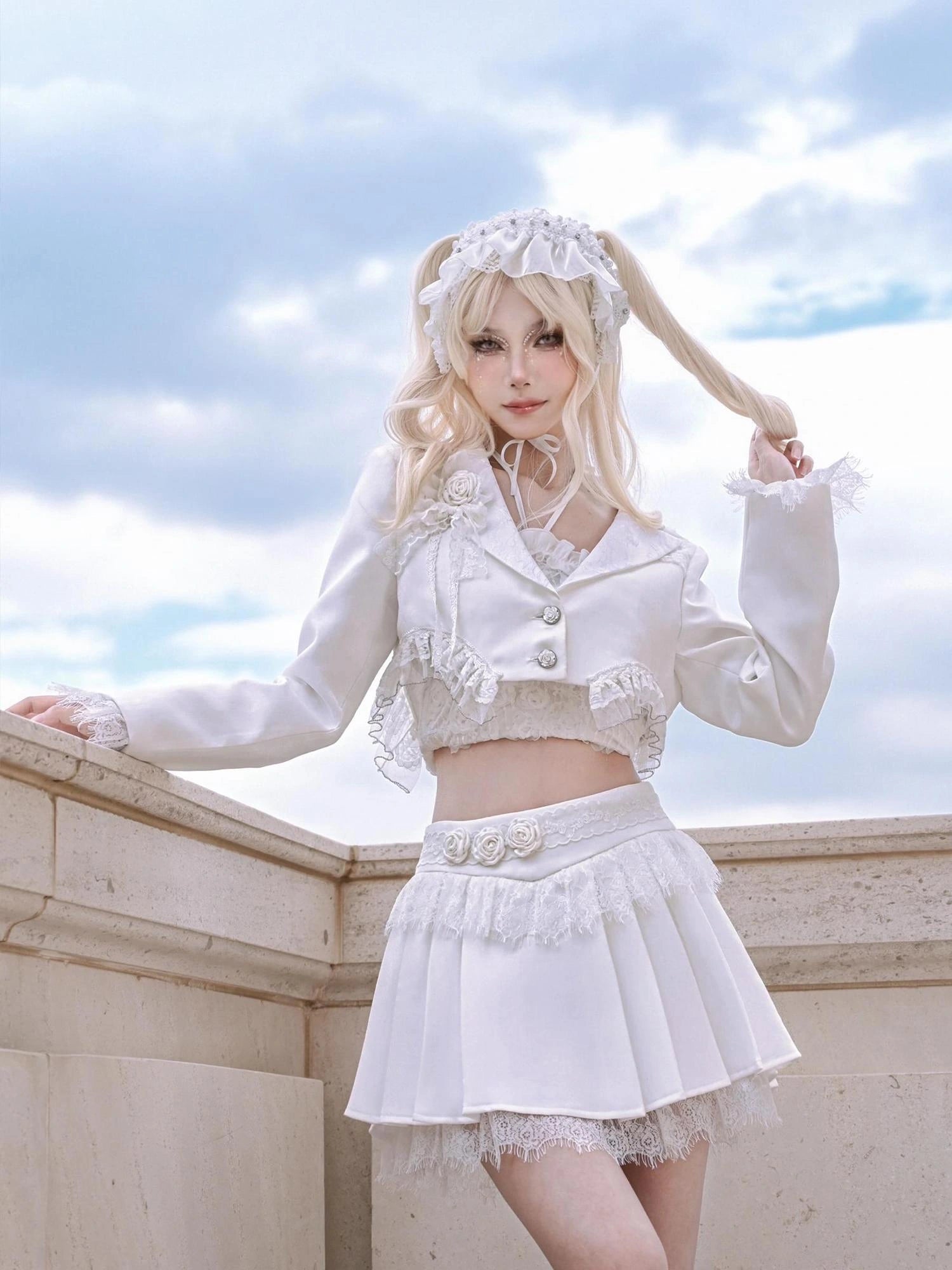 Virtual Orbit Short Cropped Blazer With Camellia Lace Trim