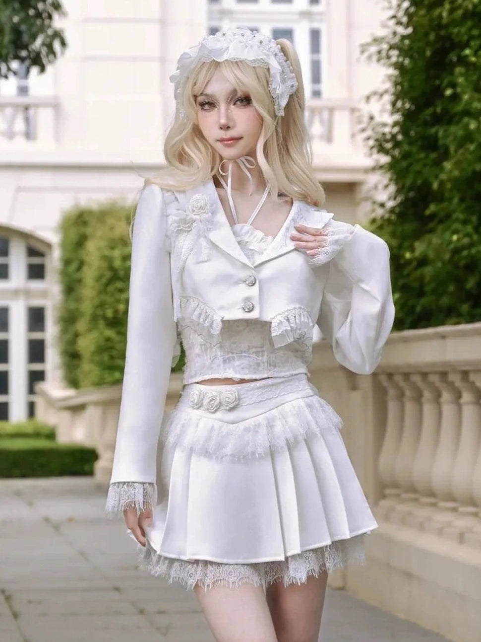 Virtual Orbit Short Cropped Blazer With Camellia Lace Trim