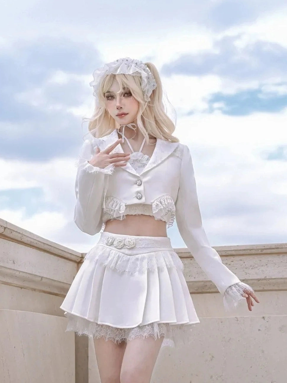 Virtual Orbit Short Cropped Blazer With Camellia Lace Trim