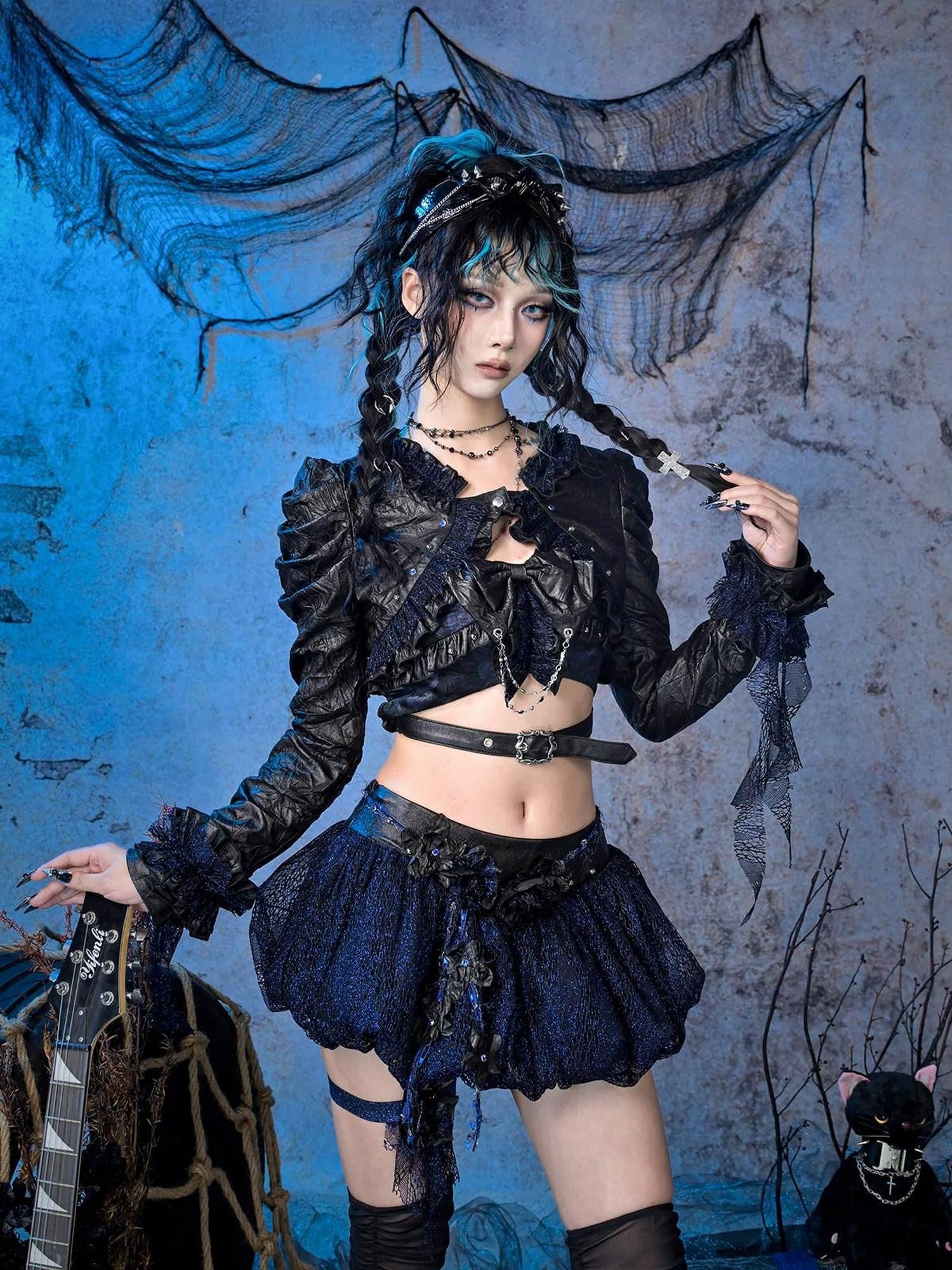 Virtual Orbit Sparkle Pleated Punk Button Long Sleeve High Waist Women&