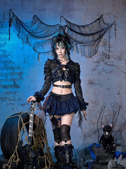 Virtual Orbit Sparkle Pleated Punk Button Long Sleeve High Waist Women&