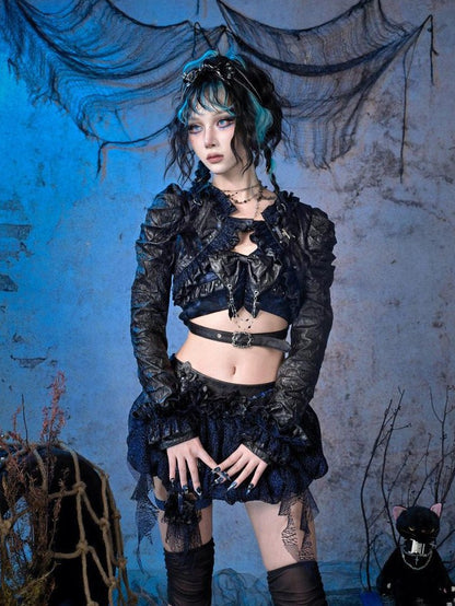 Virtual Orbit Sparkle Pleated Punk Button Long Sleeve High Waist Women&