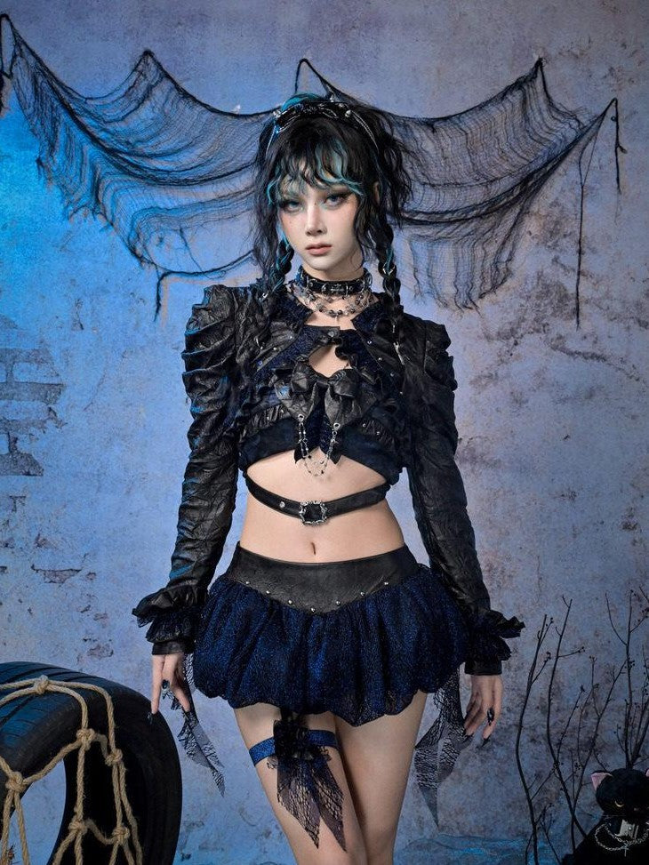 Virtual Orbit Sparkle Pleated Punk Button Long Sleeve High Waist Women&