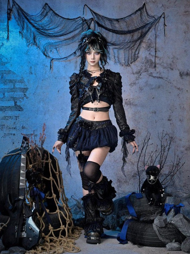Virtual Orbit Sparkle Pleated Punk Button Long Sleeve High Waist Women&