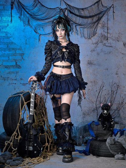 Virtual Orbit Sparkle Pleated Punk Button Long Sleeve High Waist Women&
