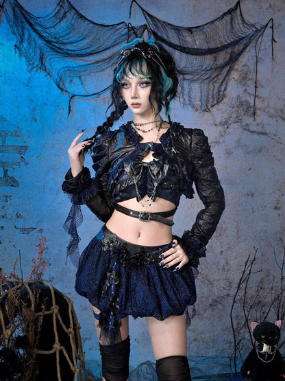 Virtual Orbit Sparkle Pleated Punk Button Long Sleeve High Waist Women&