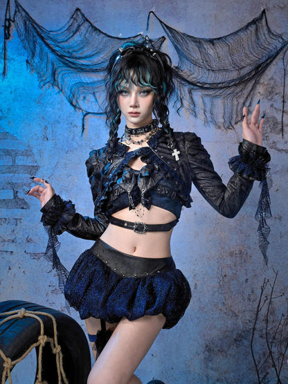 Virtual Orbit Sparkle Pleated Punk Button Long Sleeve High Waist Women&