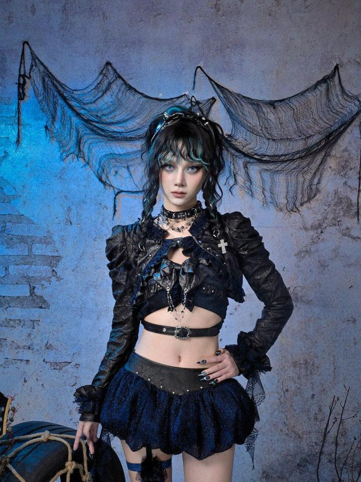 Virtual Orbit Sparkle Pleated Punk Button Long Sleeve High Waist Women&