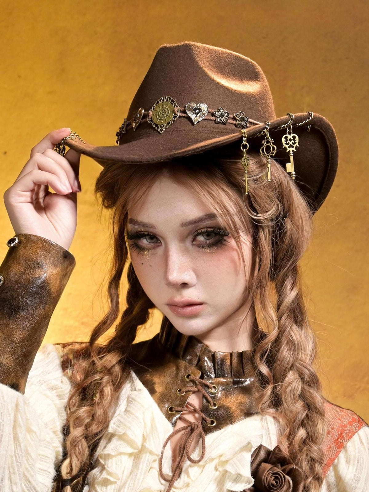 Virtual Orbit Steampunk Distressed Key Chain Stripe Wide Brim Women&