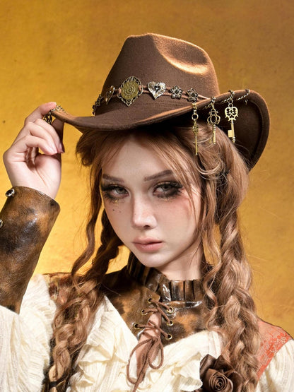 Virtual Orbit Steampunk Distressed Key Chain Stripe Wide Brim Women&