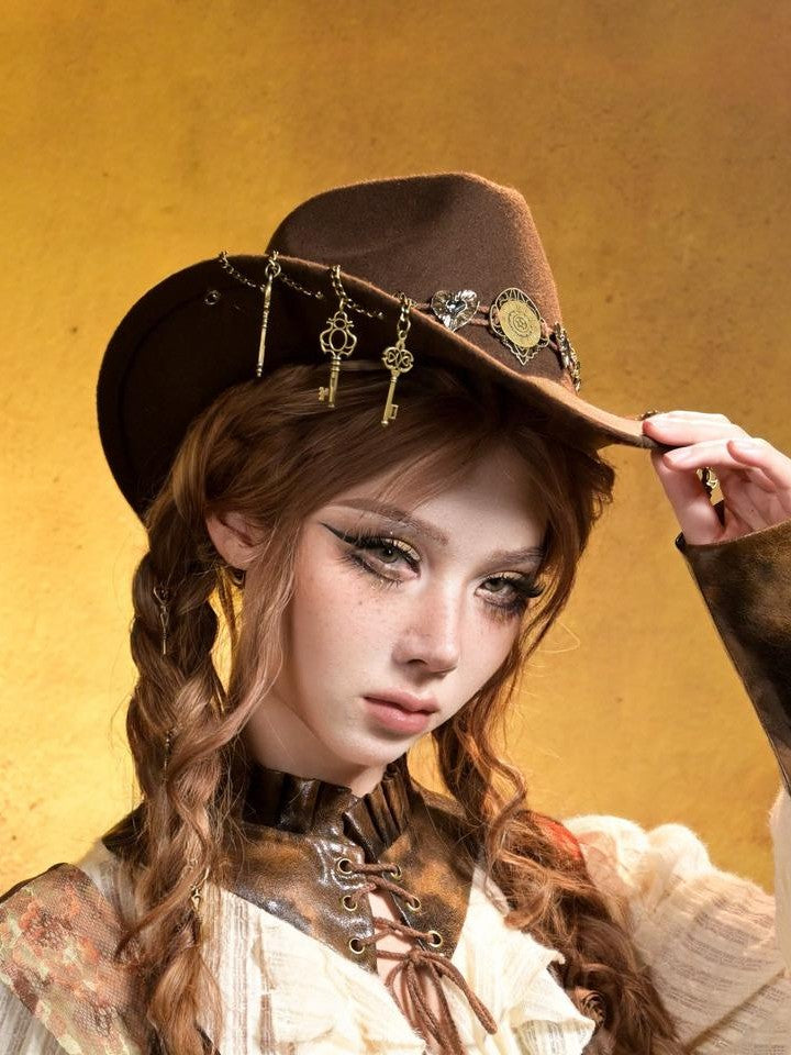Virtual Orbit Steampunk Distressed Key Chain Stripe Wide Brim Women&
