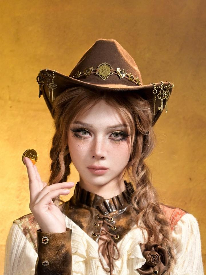 Virtual Orbit Steampunk Distressed Key Chain Stripe Wide Brim Women&