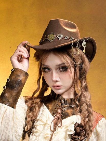 Virtual Orbit Steampunk Distressed Key Chain Stripe Wide Brim Women&