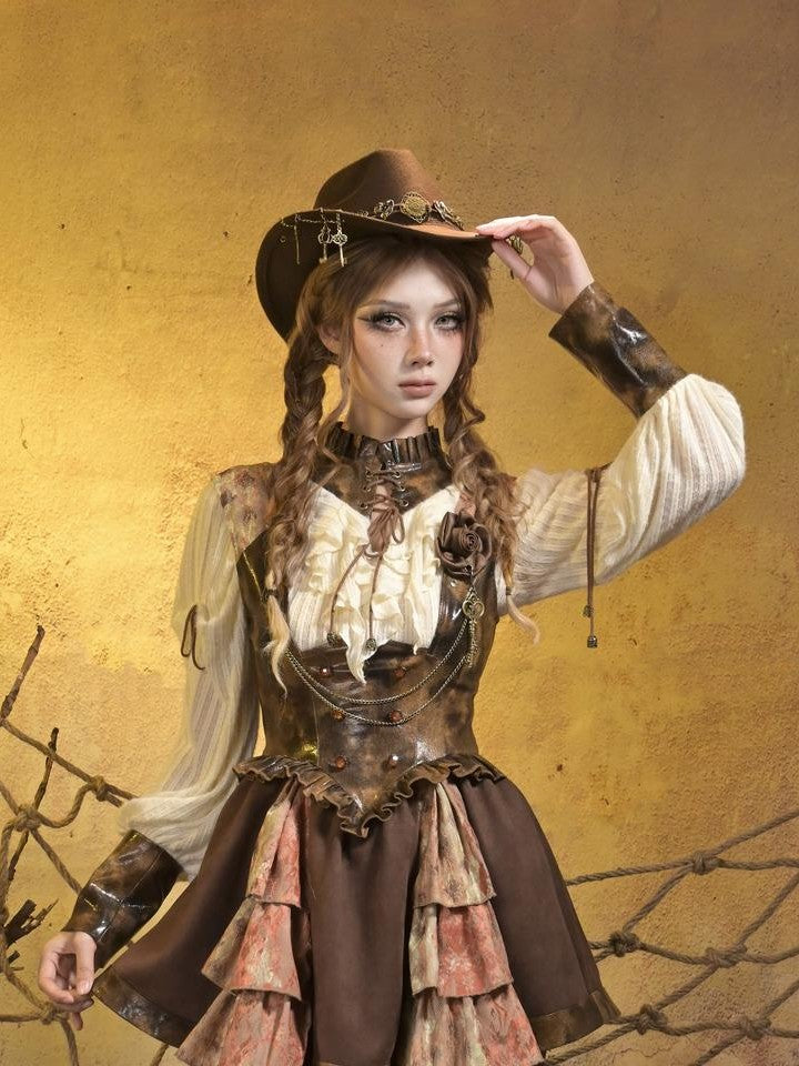 Virtual Orbit Steampunk Distressed Key Chain Stripe Wide Brim Women&