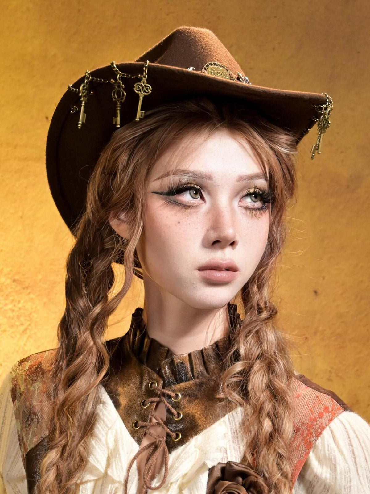 Virtual Orbit Steampunk Distressed Key Chain Stripe Wide Brim Women&
