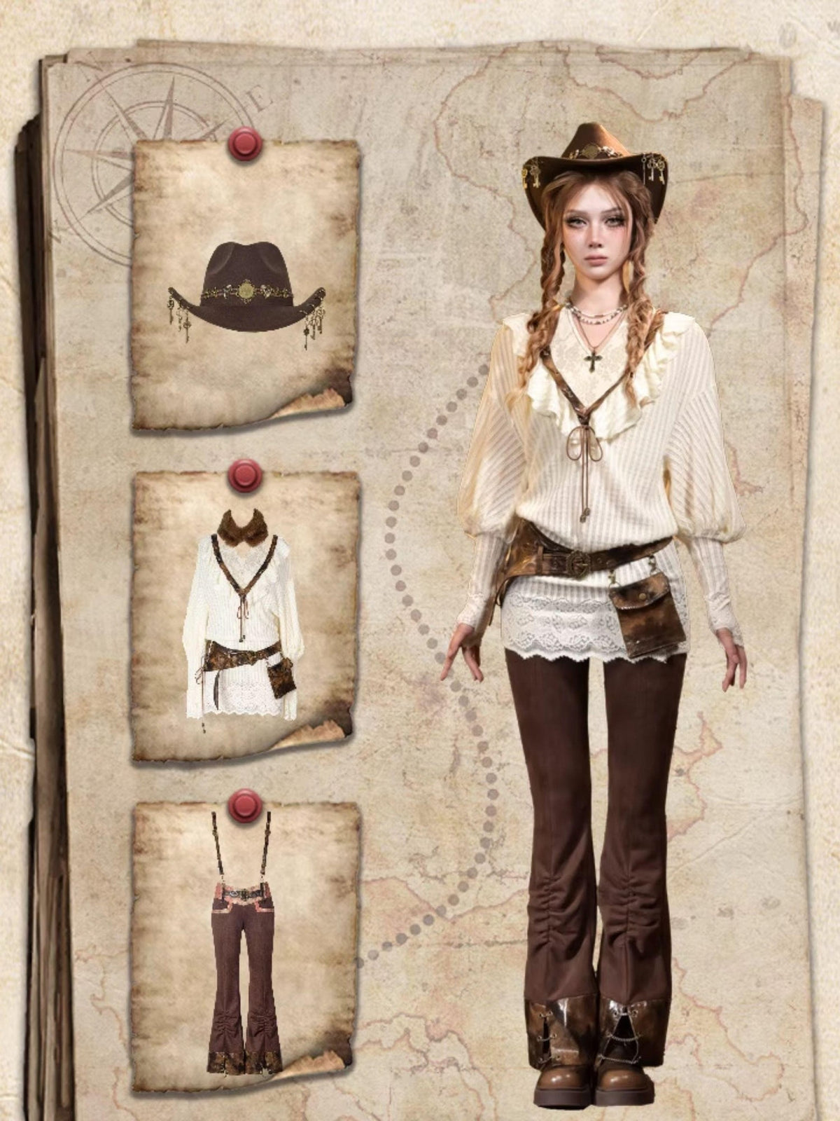 Virtual Orbit Steampunk Distressed Key Chain Stripe Wide Brim Women&