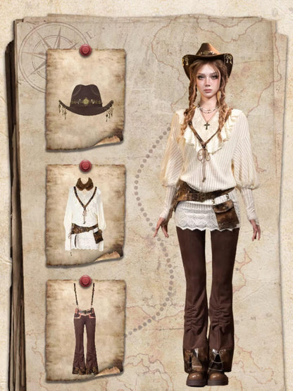 Virtual Orbit Steampunk Distressed Key Chain Stripe Wide Brim Women&