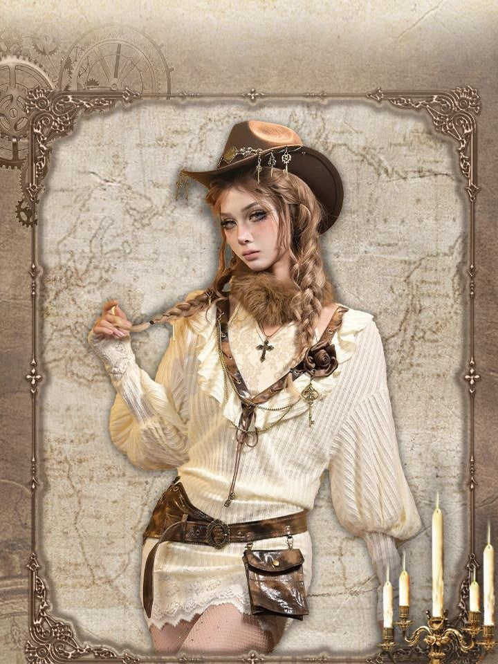 Virtual Orbit Steampunk Distressed Key Chain Stripe Wide Brim Women&