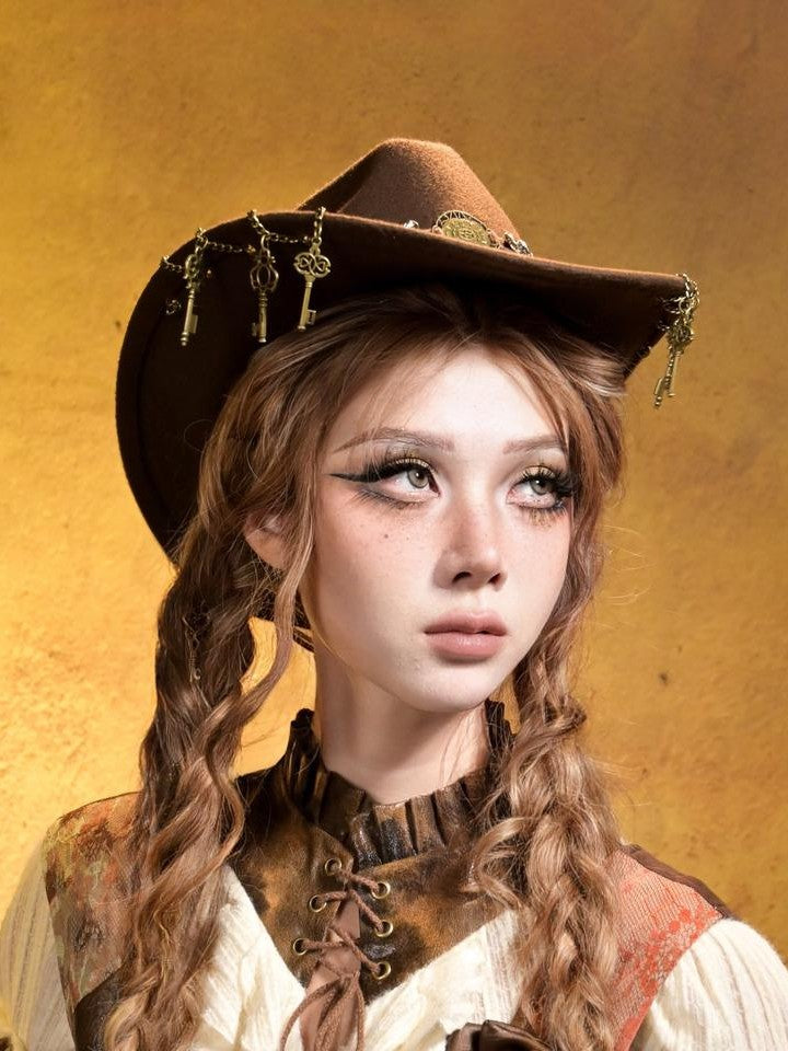 Virtual Orbit Steampunk Distressed Key Chain Stripe Wide Brim Women&