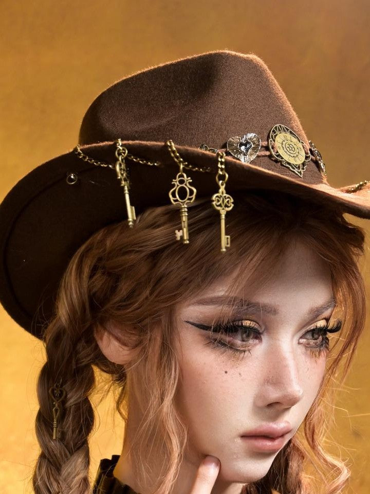 Virtual Orbit Steampunk Distressed Key Chain Stripe Wide Brim Women&