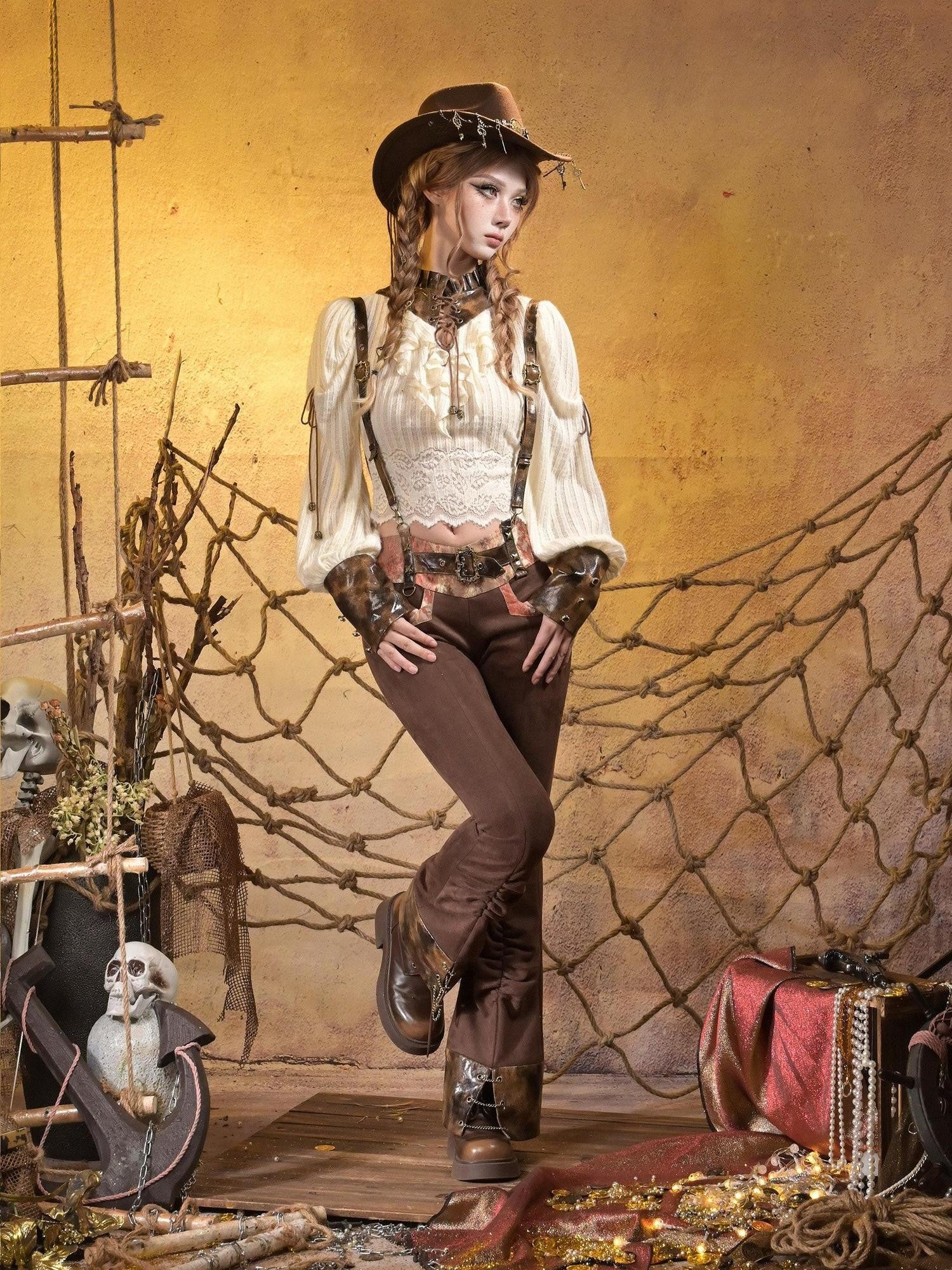Virtual Orbit Steampunk Lace Distressed Low Waist Strappy Women&