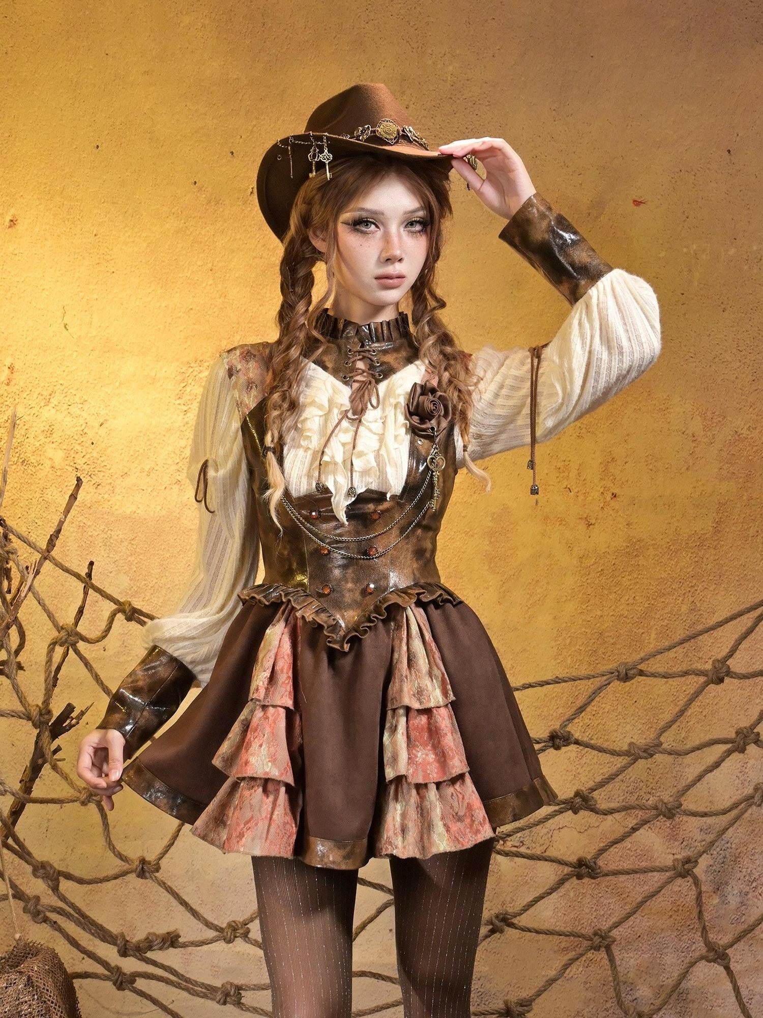 Virtual Orbit Steampunk Lace Leather Patchwork Cutout Women&