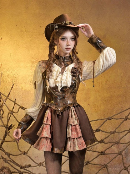 Virtual Orbit Steampunk Lace Leather Patchwork Cutout Women&