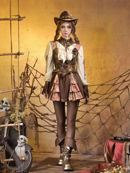 Virtual Orbit Steampunk Lace Leather Patchwork Cutout Women&