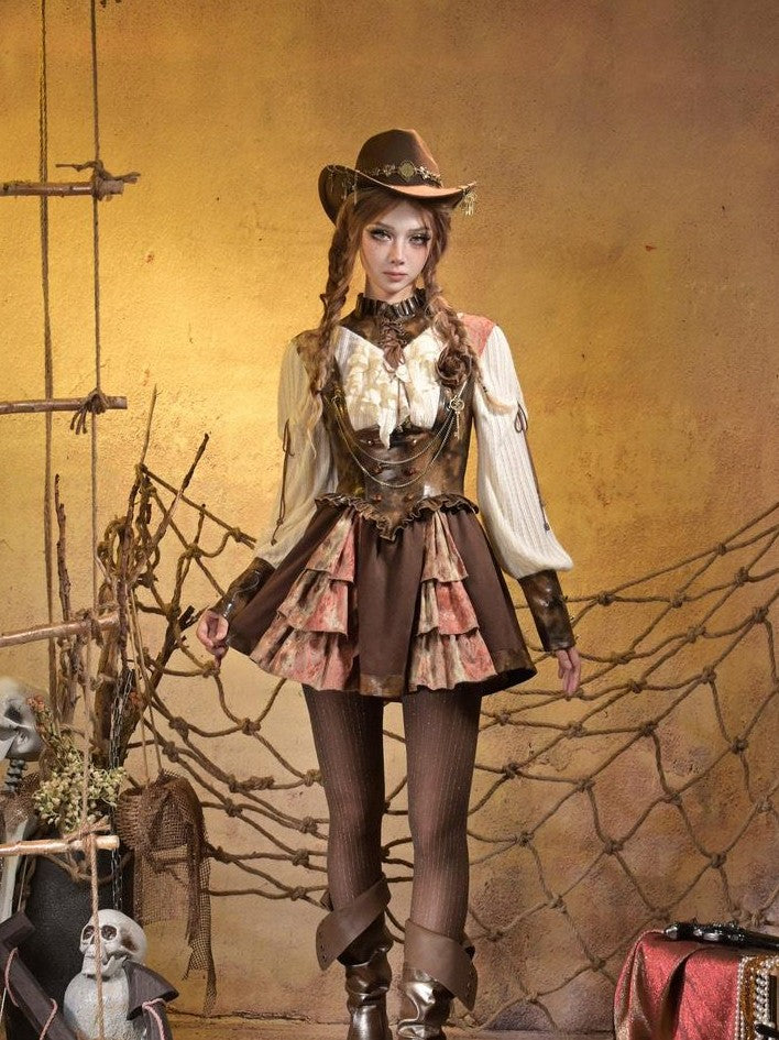 Virtual Orbit Steampunk Lace Leather Patchwork Cutout Women&