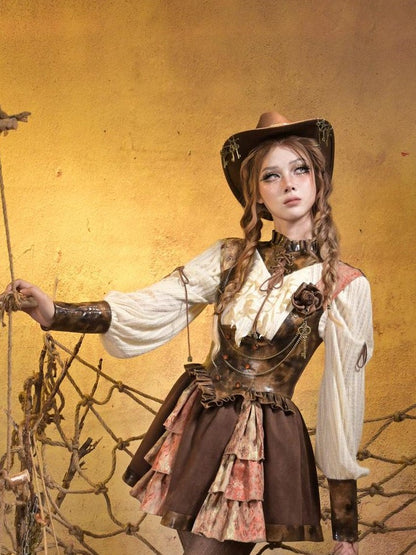 Virtual Orbit Steampunk Lace Leather Patchwork Cutout Women&