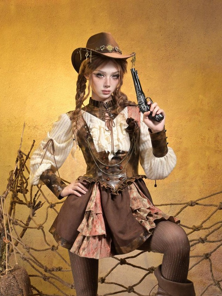 Virtual Orbit Steampunk Lace Leather Patchwork Cutout Women&