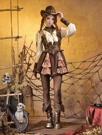 Virtual Orbit Steampunk Lace Leather Patchwork Cutout Women&