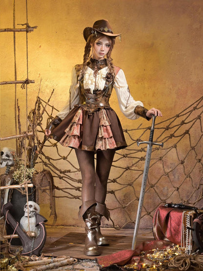 Virtual Orbit Steampunk Lace Leather Patchwork Cutout Women&