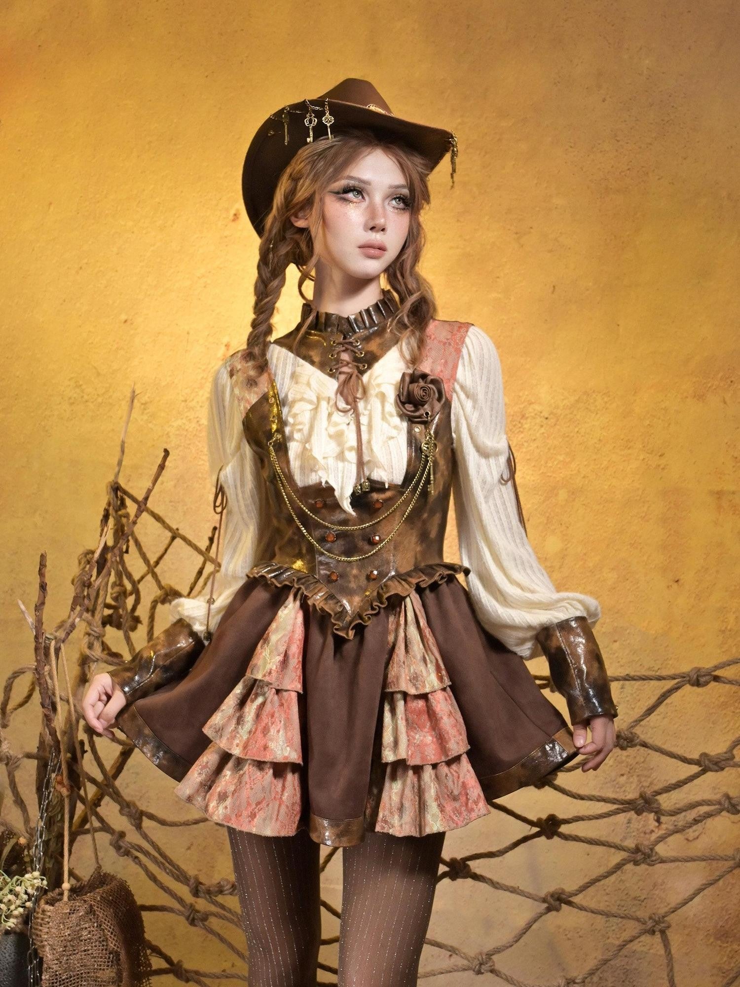 Virtual Orbit Steampunk Lace Leather Patchwork Cutout Women&