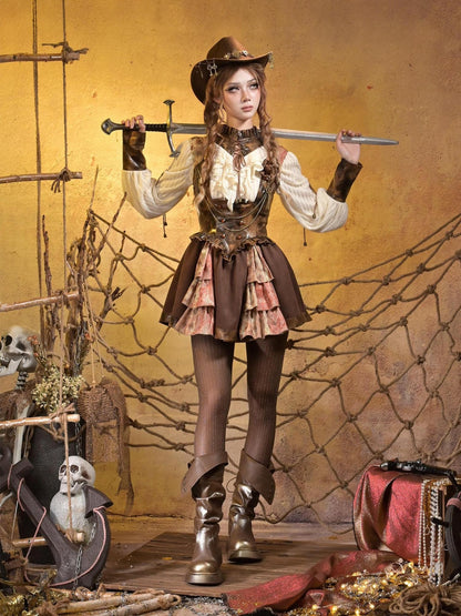 Virtual Orbit Steampunk Lace Leather Patchwork Cutout Women&