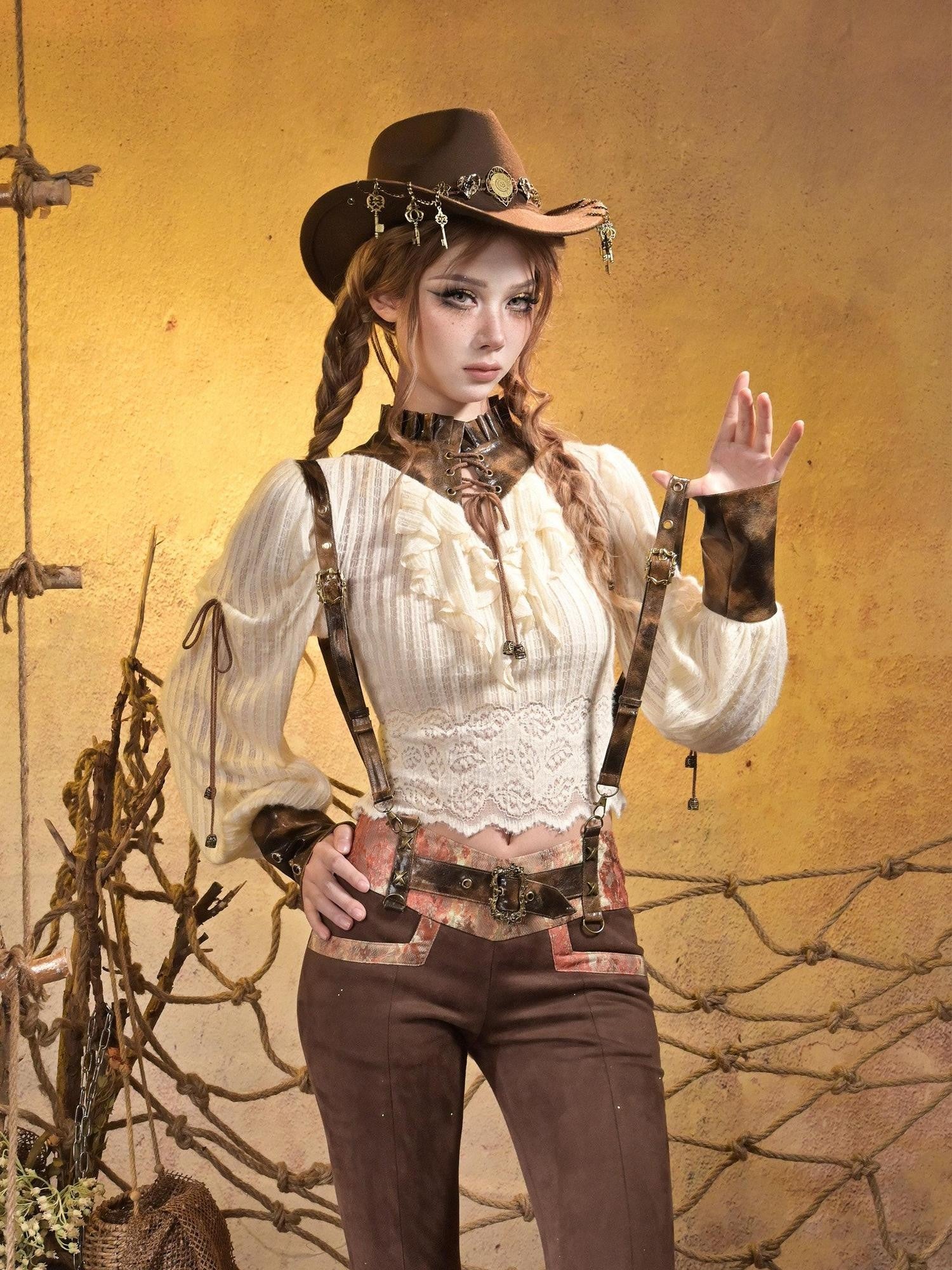Virtual Orbit Striped Steampunk Leather Patchwork Lace Up Women&