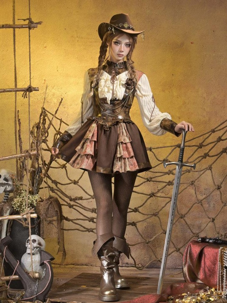 Virtual Orbit Striped Steampunk Leather Patchwork Lace Up Women&