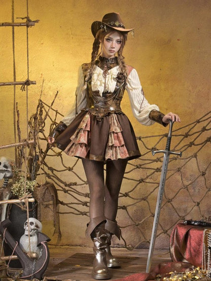 Virtual Orbit Striped Steampunk Leather Patchwork Lace Up Women&