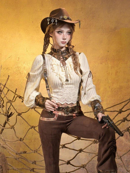 Virtual Orbit Striped Steampunk Leather Patchwork Lace Up Women&