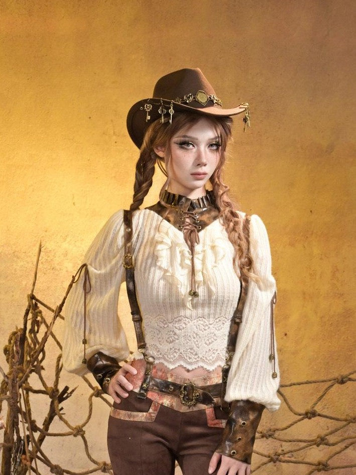 Virtual Orbit Striped Steampunk Leather Patchwork Lace Up Women&
