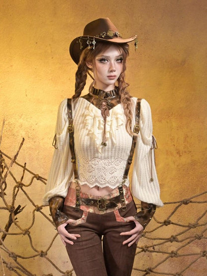 Virtual Orbit Striped Steampunk Leather Patchwork Lace Up Women&