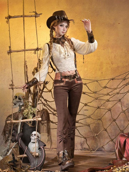 Virtual Orbit Striped Steampunk Leather Patchwork Lace Up Women&