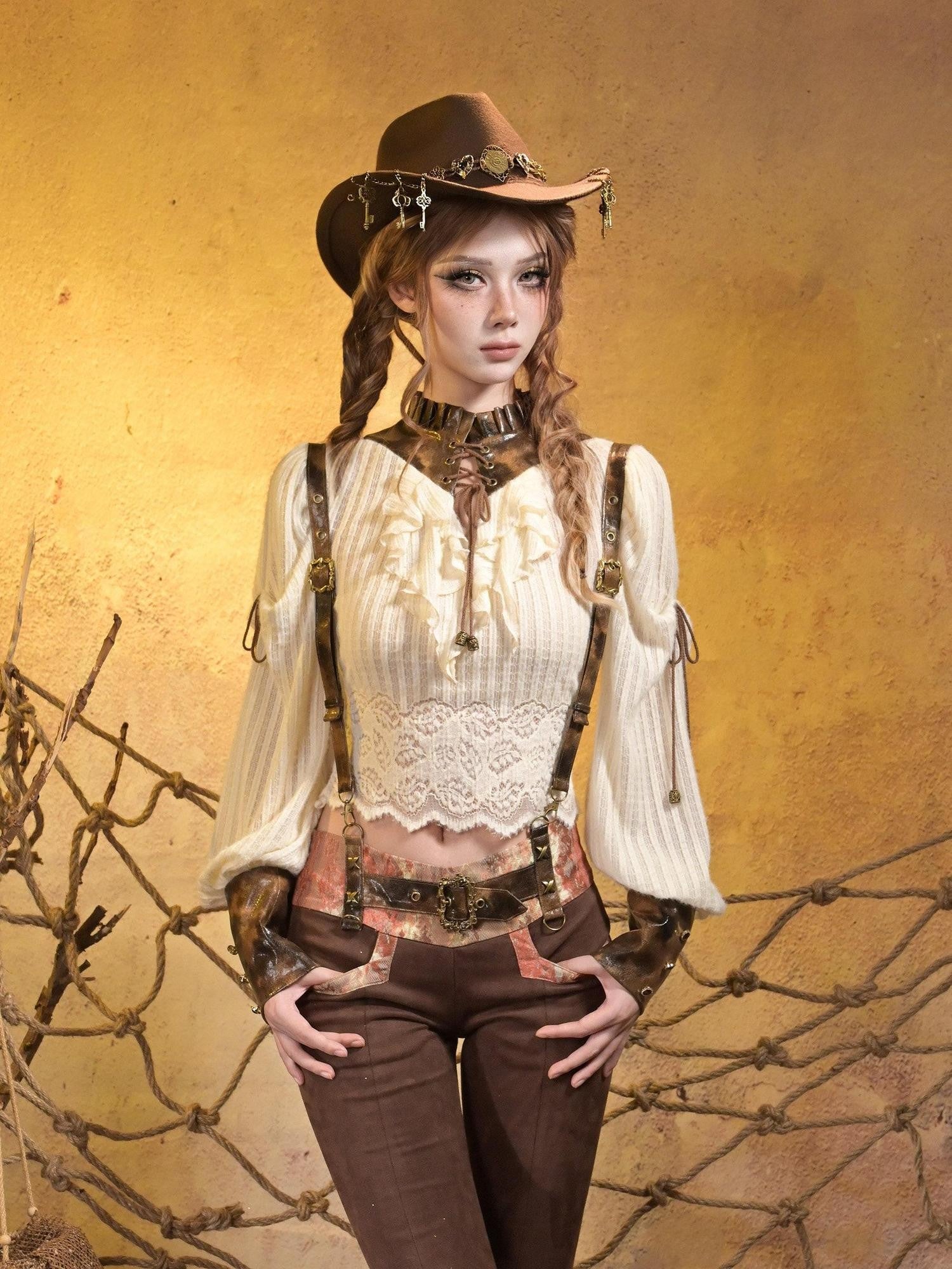 Virtual Orbit Striped Steampunk Leather Patchwork Lace Up Women&