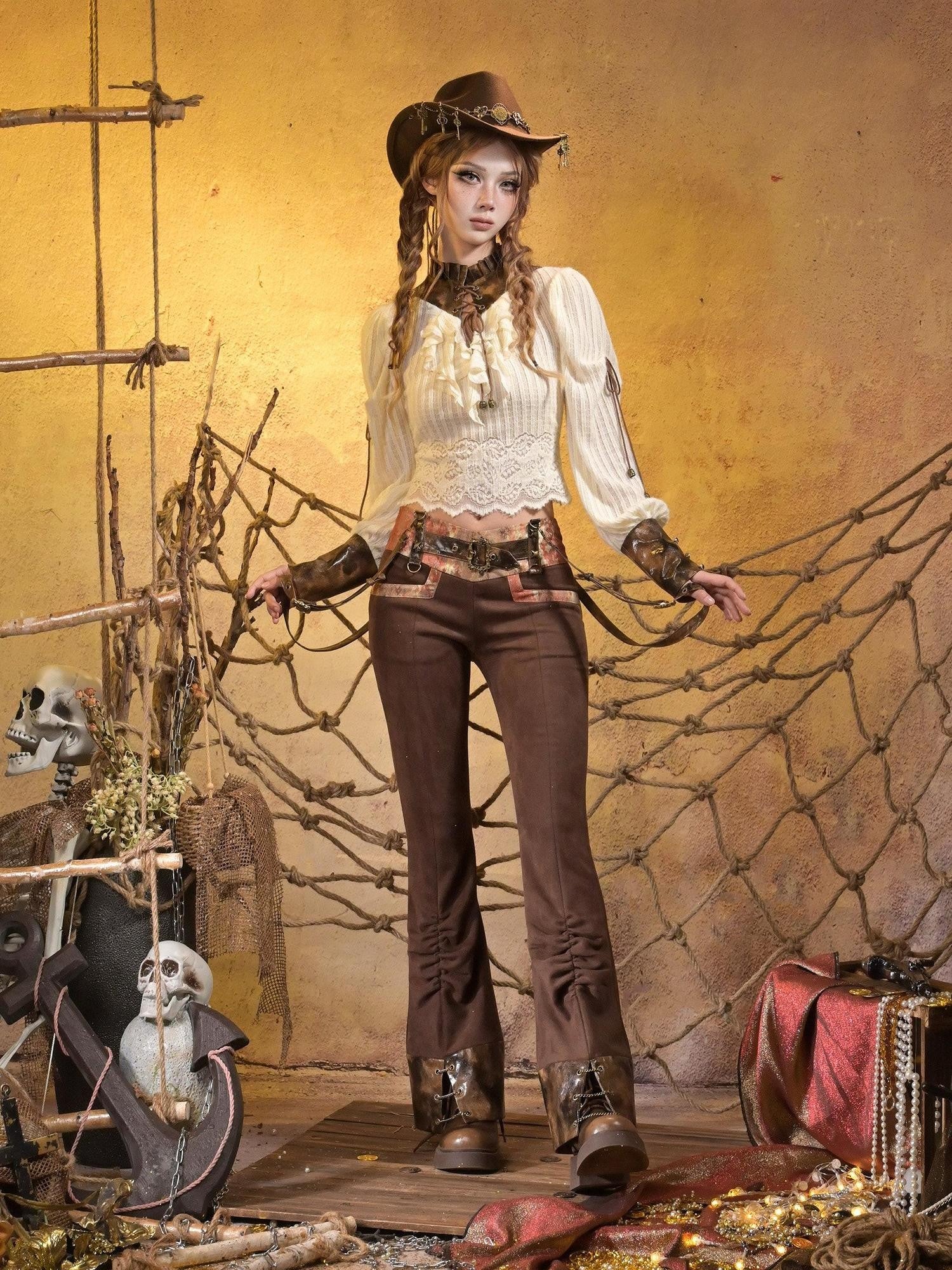 Virtual Orbit Striped Steampunk Leather Patchwork Lace Up Women&