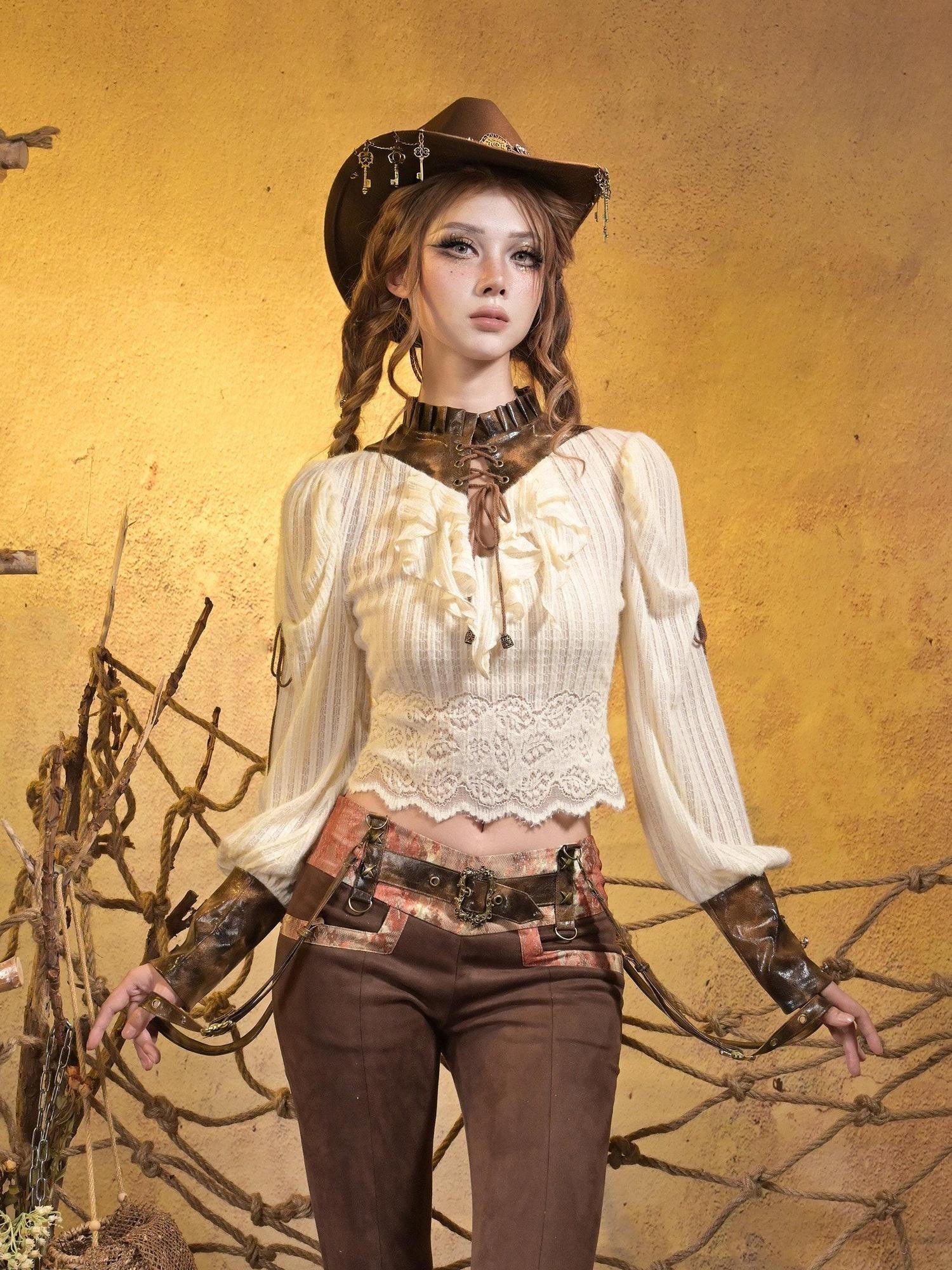 Virtual Orbit Striped Steampunk Leather Patchwork Lace Up Women&